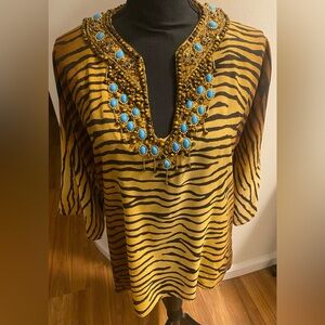 Michael Kors Silk Brown Zebra Print Tunic with Turquoise Beaded Embellishments